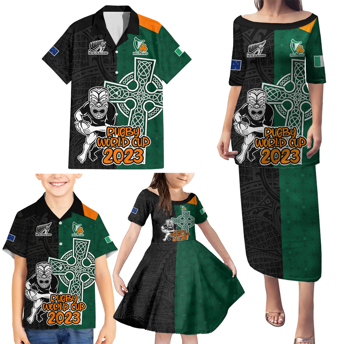 custom-france-south-africa-rugby-family-matching-puletasi-dress-and-hawaiian-shirt-springboks-and-roosters-world-cup-2023-sporty-style