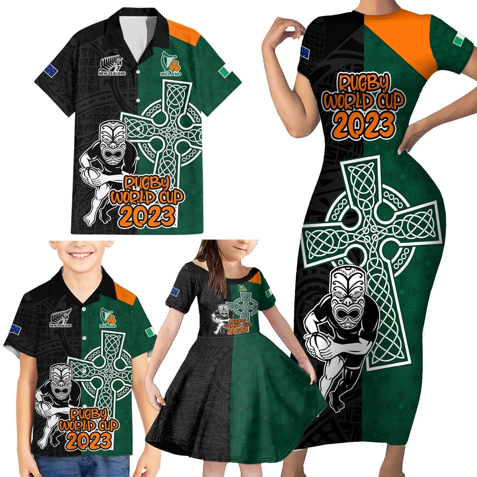 custom-france-south-africa-rugby-family-matching-short-sleeve-bodycon-dress-and-hawaiian-shirt-springboks-and-roosters-world-cup-2023-sporty-style