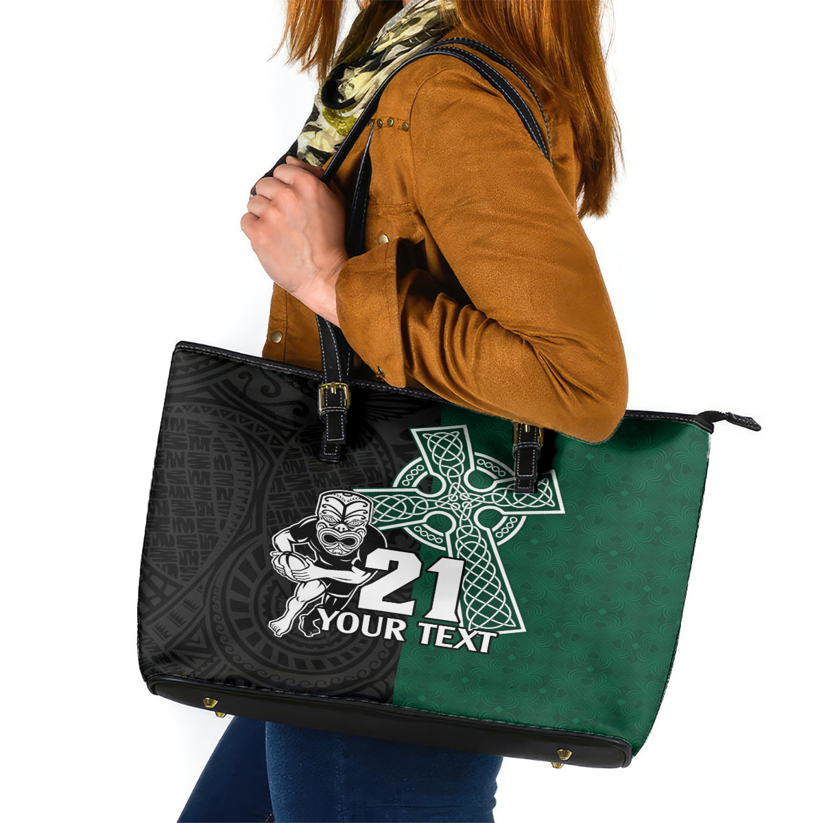 custom-new-zealand-ireland-rugby-leather-tote-bag-warrior-black-fern-and-shamrocks-world-cup-2023