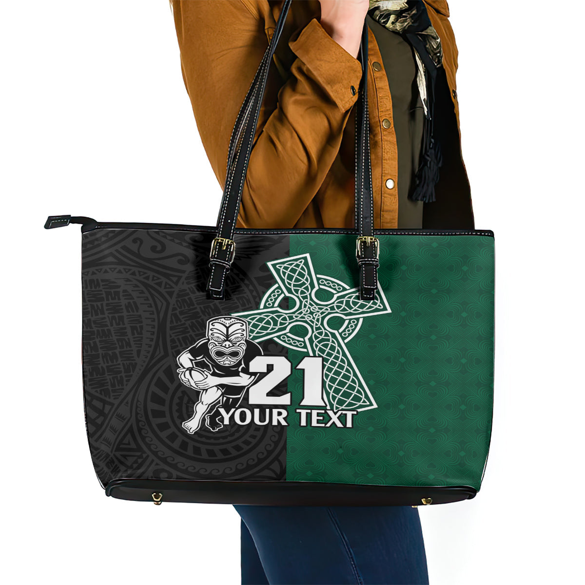 custom-new-zealand-ireland-rugby-leather-tote-bag-warrior-black-fern-and-shamrocks-world-cup-2023