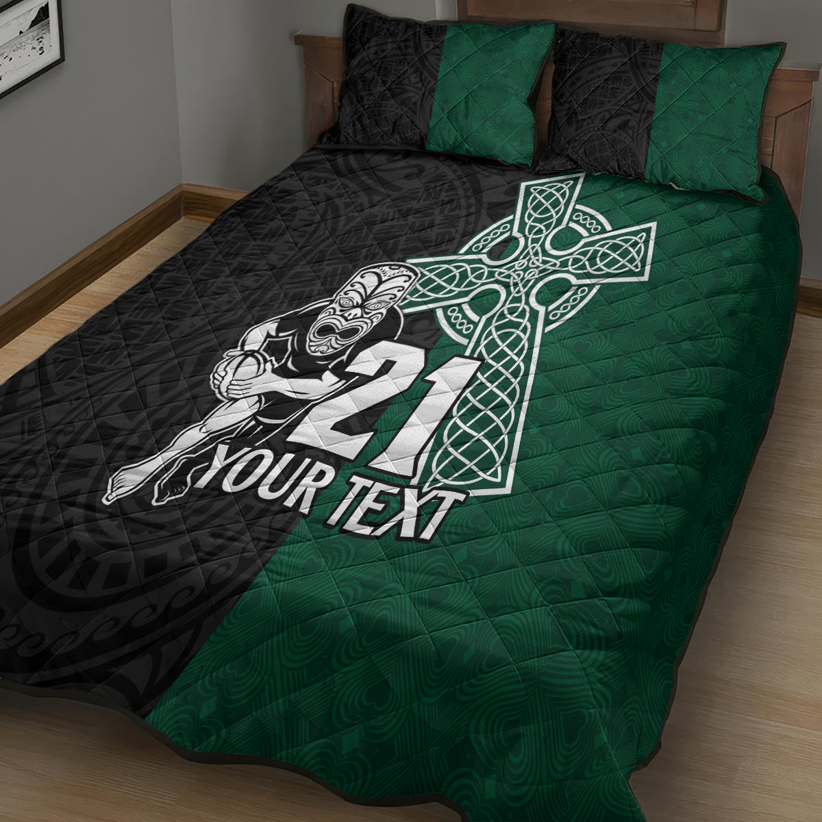 custom-new-zealand-ireland-rugby-quilt-bed-set-warrior-black-fern-and-shamrocks-world-cup-2023
