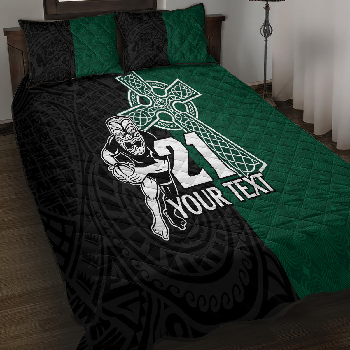 custom-new-zealand-ireland-rugby-quilt-bed-set-warrior-black-fern-and-shamrocks-world-cup-2023