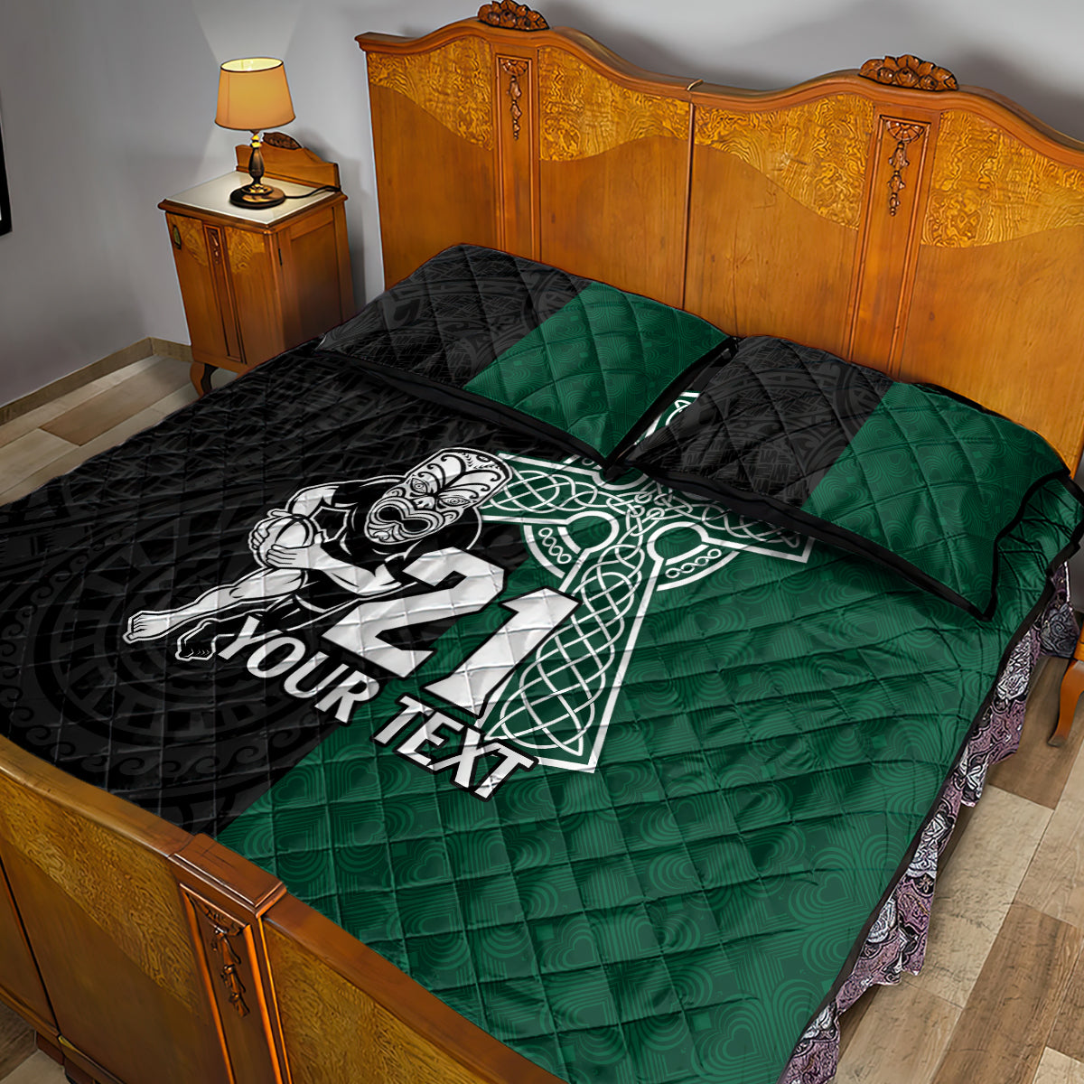 custom-new-zealand-ireland-rugby-quilt-bed-set-warrior-black-fern-and-shamrocks-world-cup-2023