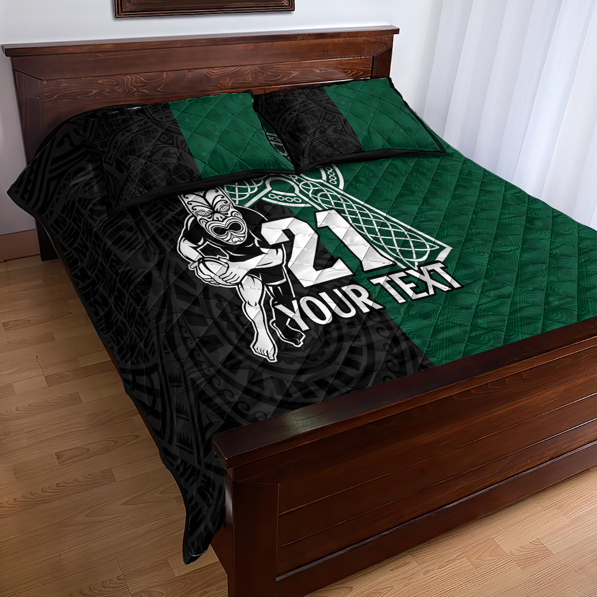 custom-new-zealand-ireland-rugby-quilt-bed-set-warrior-black-fern-and-shamrocks-world-cup-2023