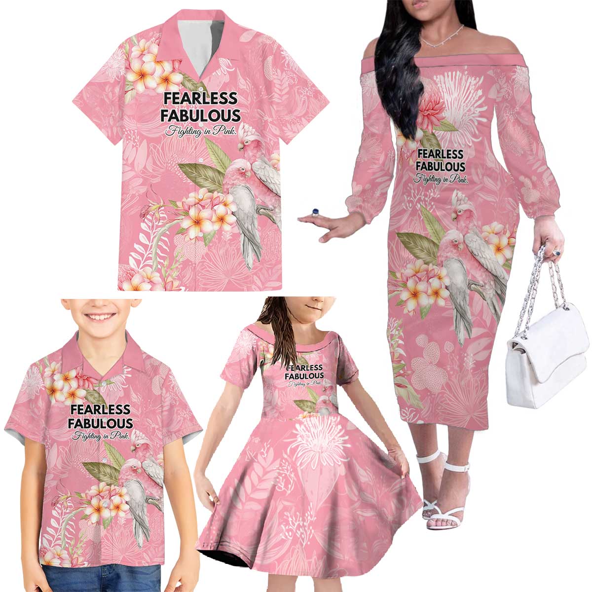 Personalised Galah Cockatoo Fighting in Pink Family Matching Off The Shoulder Long Sleeve Dress and Hawaiian Shirt Australian Breast Cancer Spirit - Vibe Hoodie