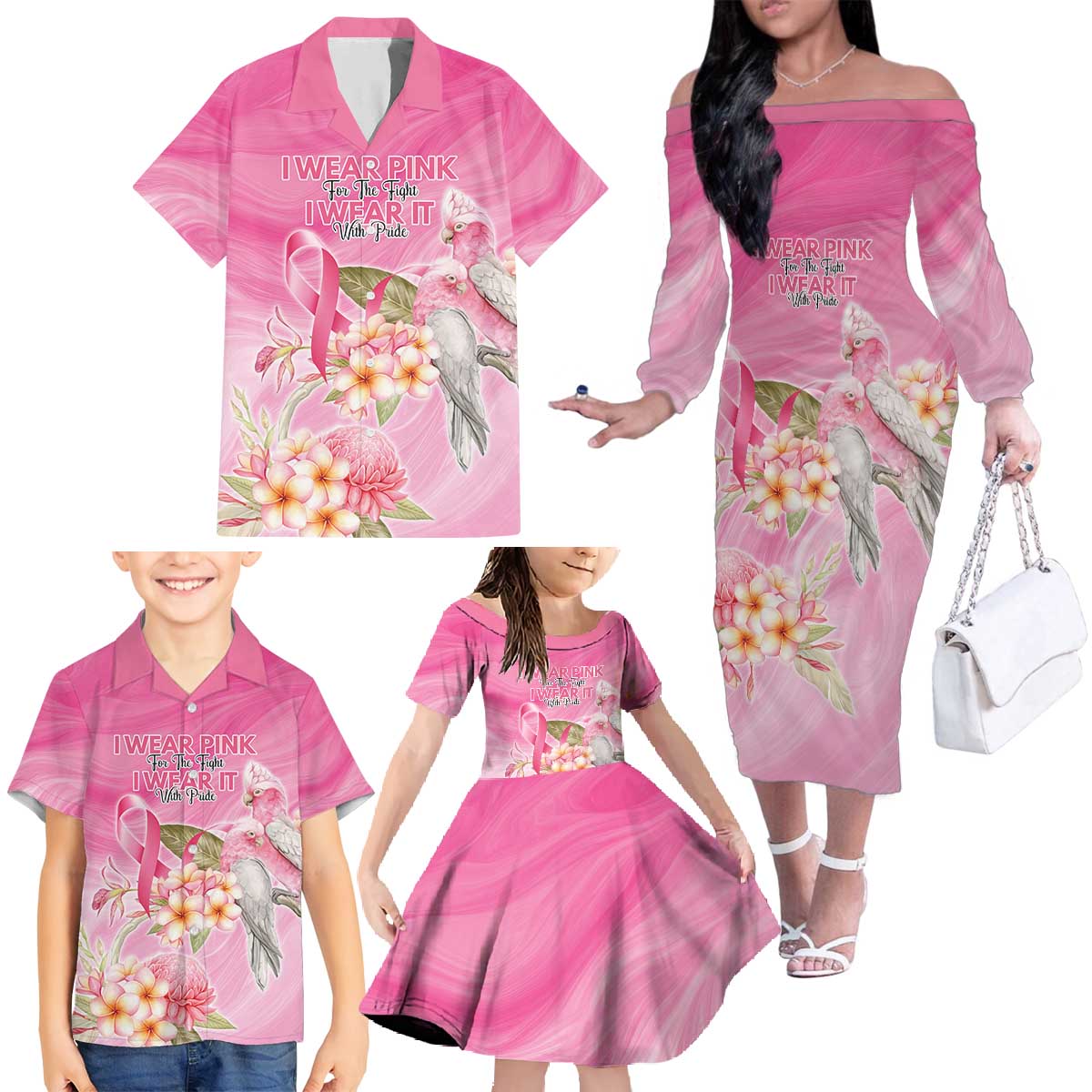 Personalised I Wear Pink For The Fight Family Matching Off The Shoulder Long Sleeve Dress and Hawaiian Shirt Australian Breast Cancer Spirit - Vibe Hoodie