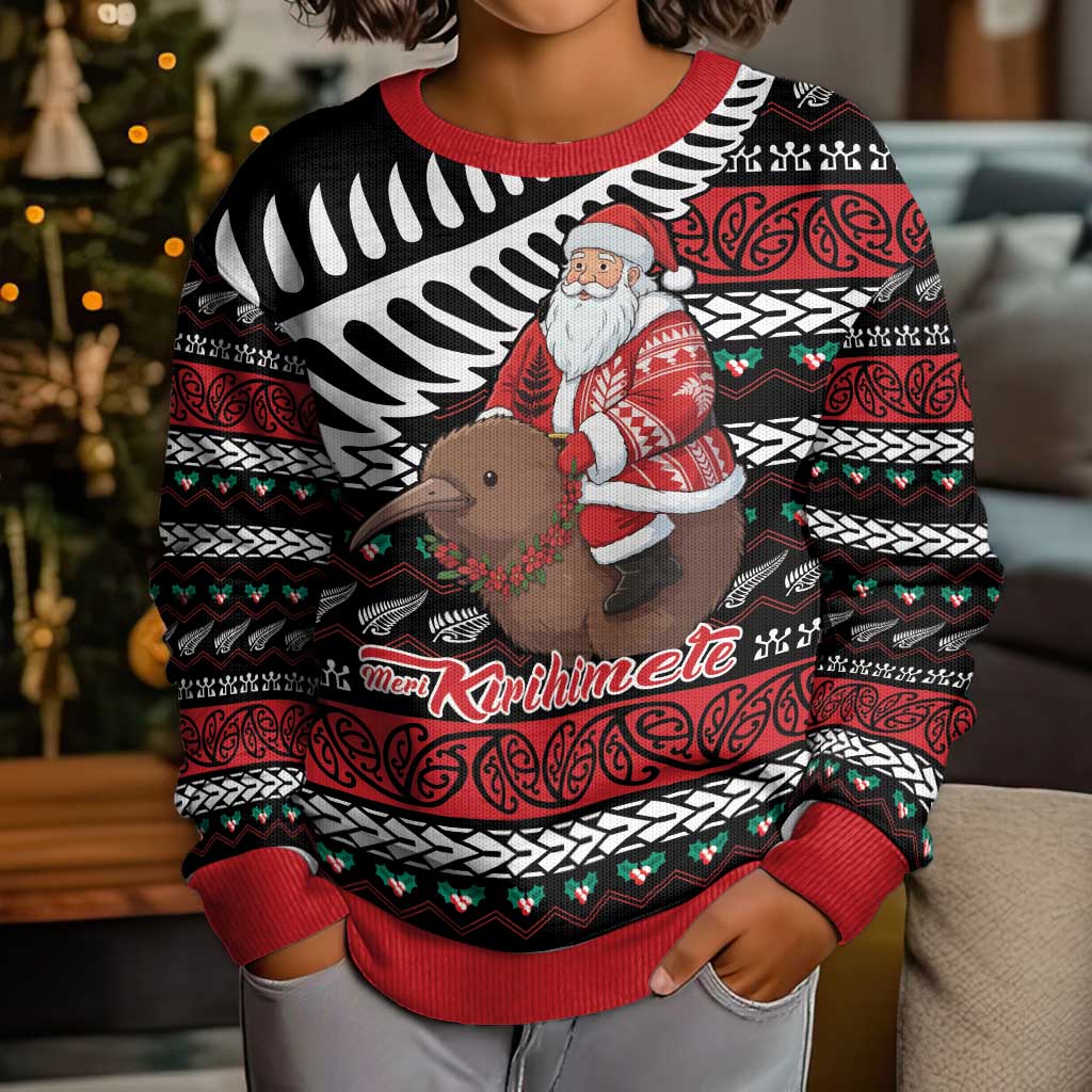 New Zealand Kiwi Santa Christmas Kid Ugly Christmas Sweater He Wairua Kirihimete - Vibe Hoodie