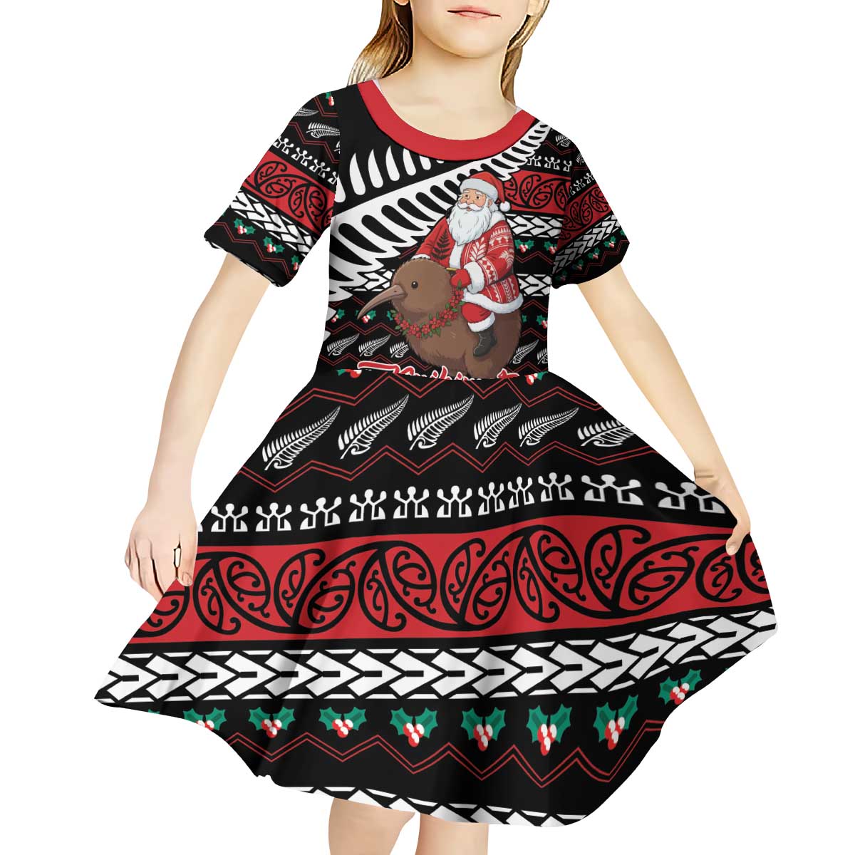 New Zealand Kiwi Santa Christmas Kid Short Sleeve Dress He Wairua Kirihimete - Vibe Hoodie