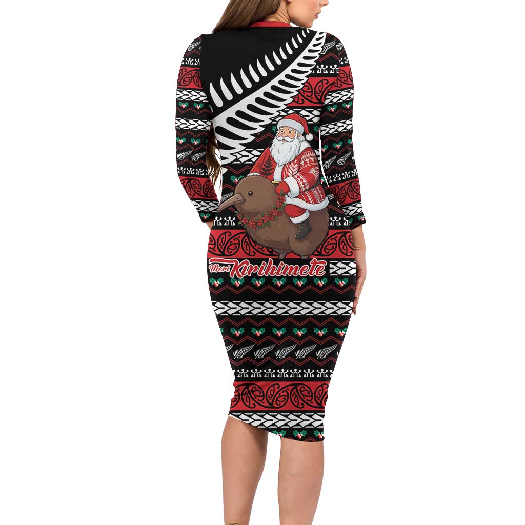 New Zealand Kiwi Santa Christmas Long Sleeve Bodycon Dress He Wairua Kirihimete - Vibe Hoodie