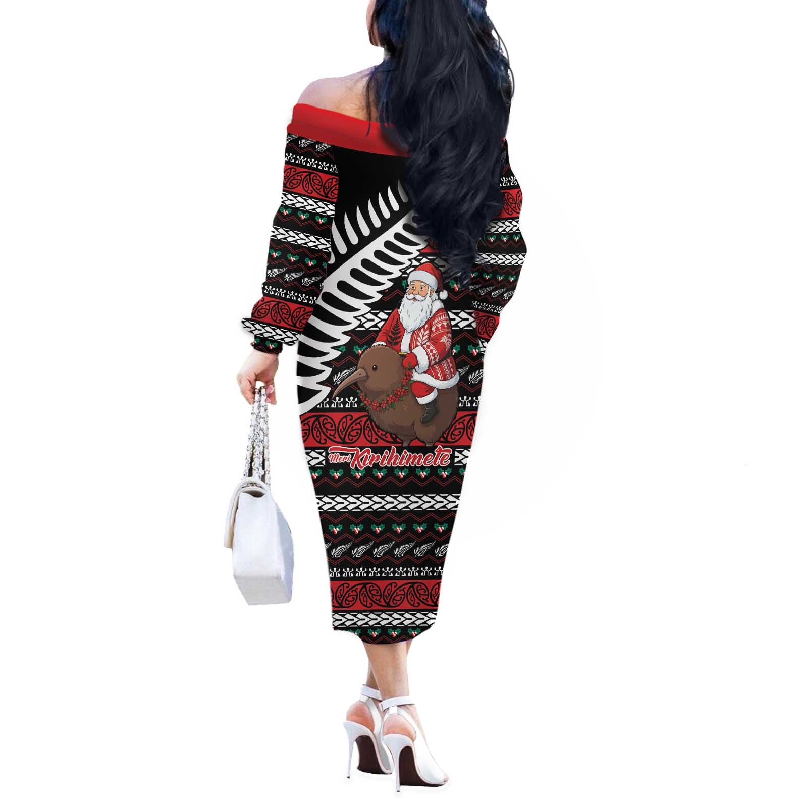 New Zealand Kiwi Santa Christmas Off The Shoulder Long Sleeve Dress He Wairua Kirihimete - Vibe Hoodie
