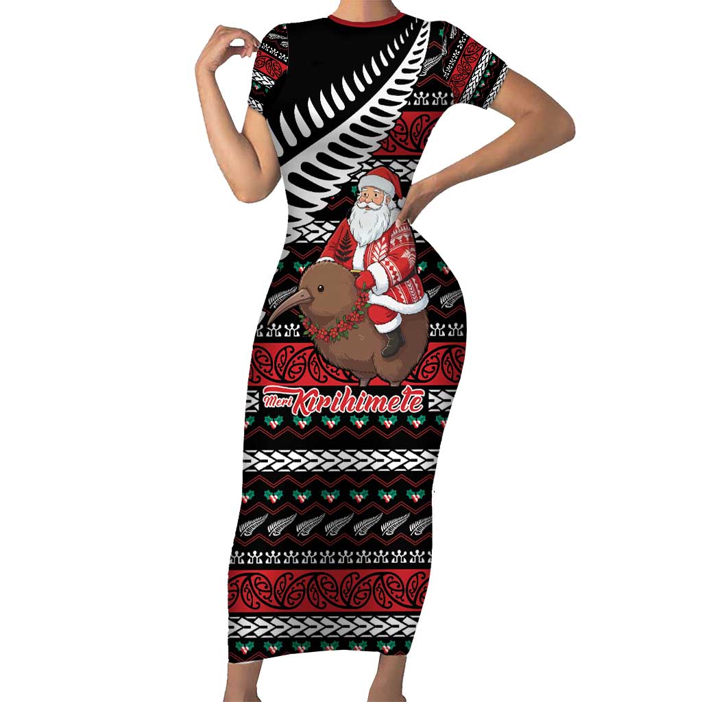 New Zealand Kiwi Santa Christmas Short Sleeve Bodycon Dress He Wairua Kirihimete - Vibe Hoodie