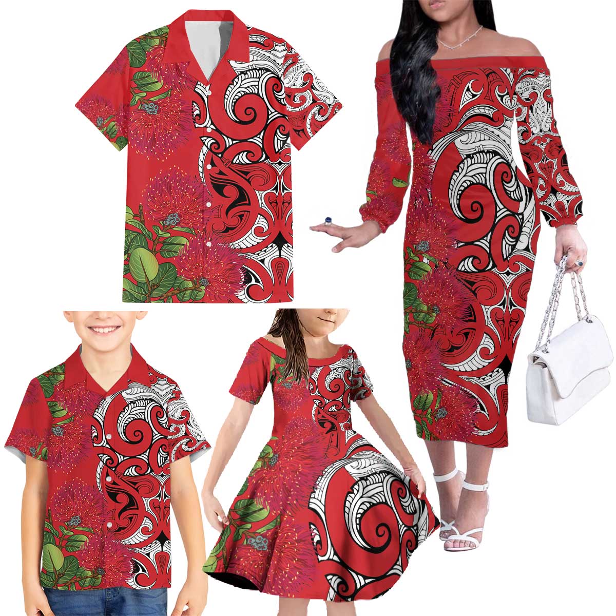 Personalised New Zealand Koru Pohutukawa Family Matching Off The Shoulder Long Sleeve Dress and Hawaiian Shirt Meri Kirihimete Aroha for Christmas - Vibe Hoodie