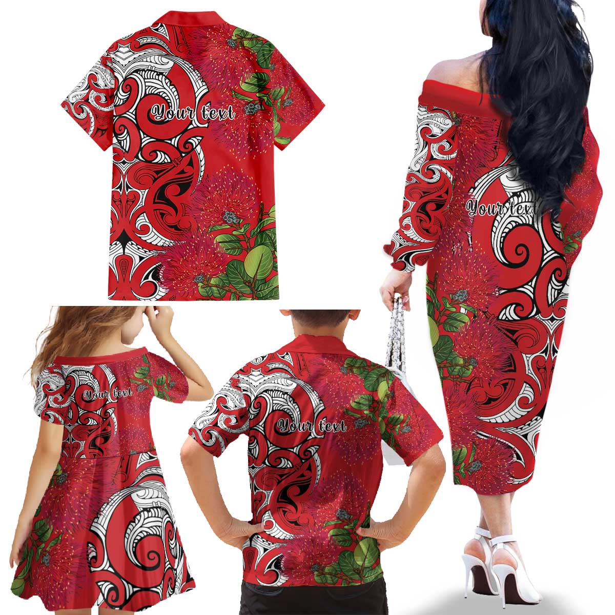Personalised New Zealand Koru Pohutukawa Family Matching Off The Shoulder Long Sleeve Dress and Hawaiian Shirt Meri Kirihimete Aroha for Christmas - Vibe Hoodie
