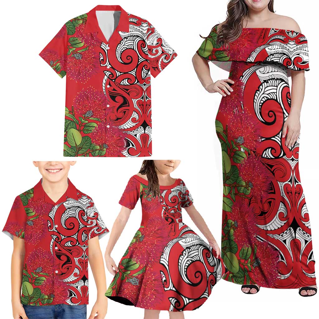 Personalised New Zealand Koru Pohutukawa Family Matching Off Shoulder Maxi Dress and Hawaiian Shirt Meri Kirihimete Aroha for Christmas - Vibe Hoodie