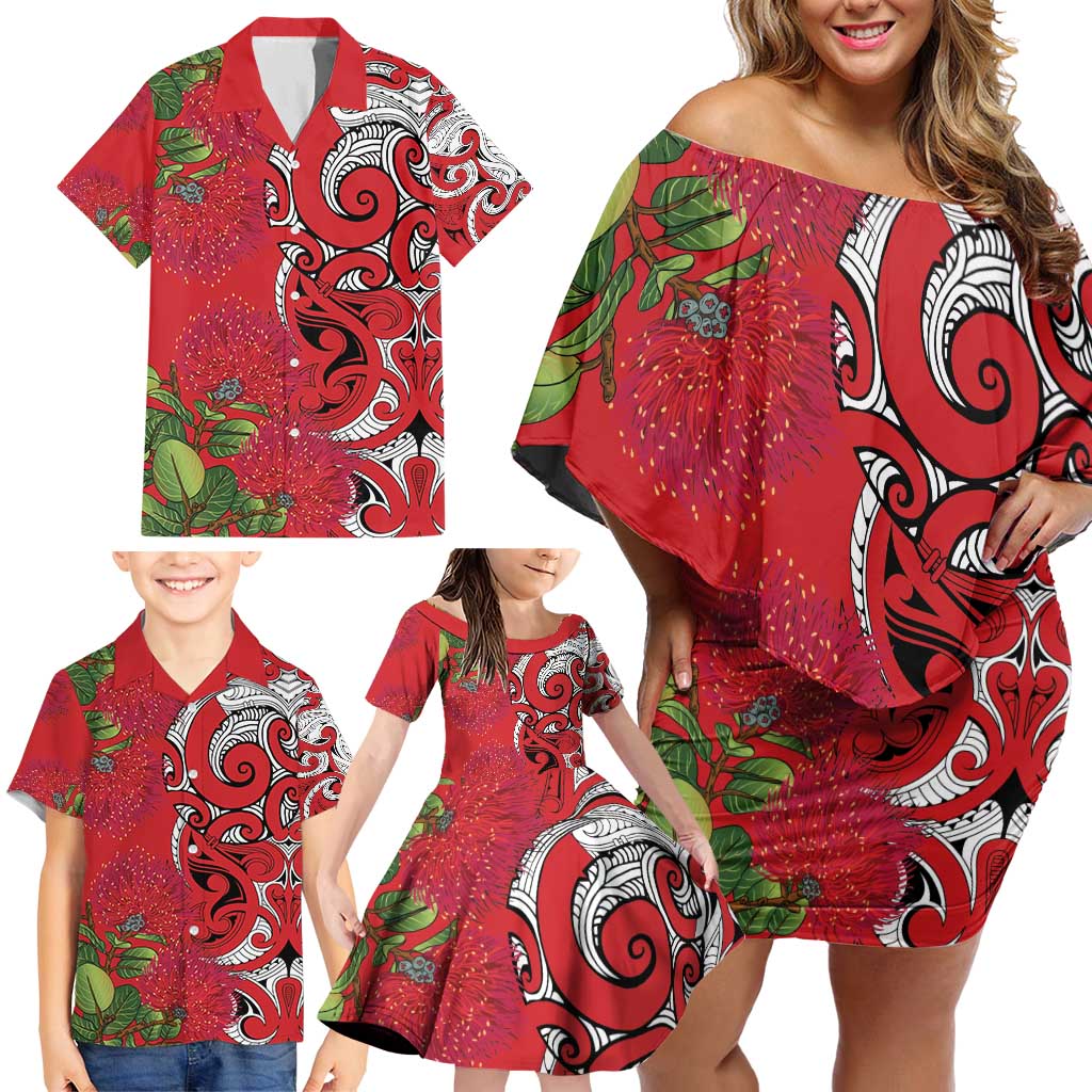 Personalised New Zealand Koru Pohutukawa Family Matching Off Shoulder Short Dress and Hawaiian Shirt Meri Kirihimete Aroha for Christmas - Vibe Hoodie