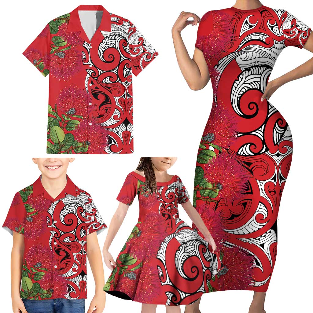 Personalised New Zealand Koru Pohutukawa Family Matching Short Sleeve Bodycon Dress and Hawaiian Shirt Meri Kirihimete Aroha for Christmas - Vibe Hoodie