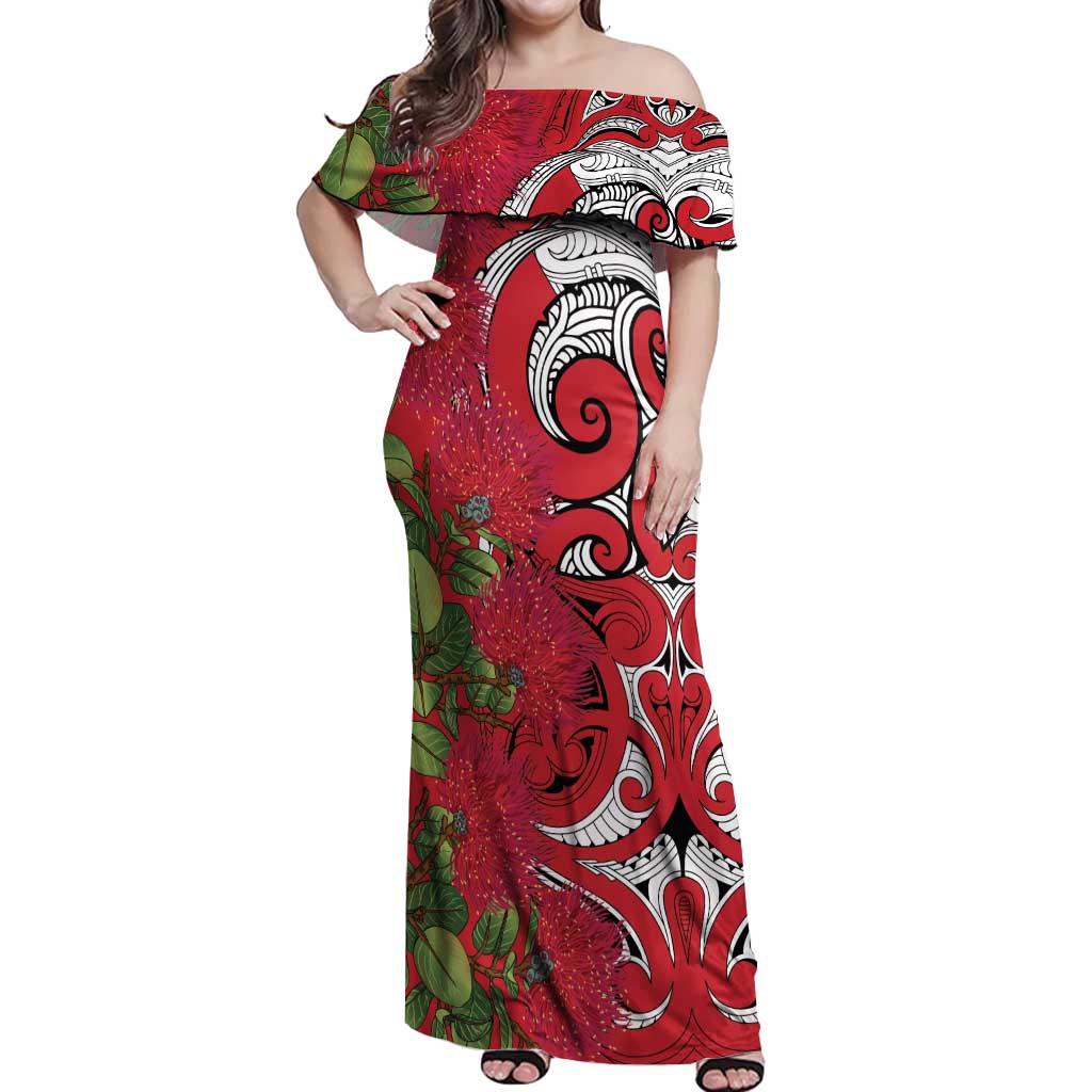 Personalised New Zealand Koru Pohutukawa Off Shoulder Maxi Dress Meri Kirihimete Aroha for Christmas - Vibe Hoodie