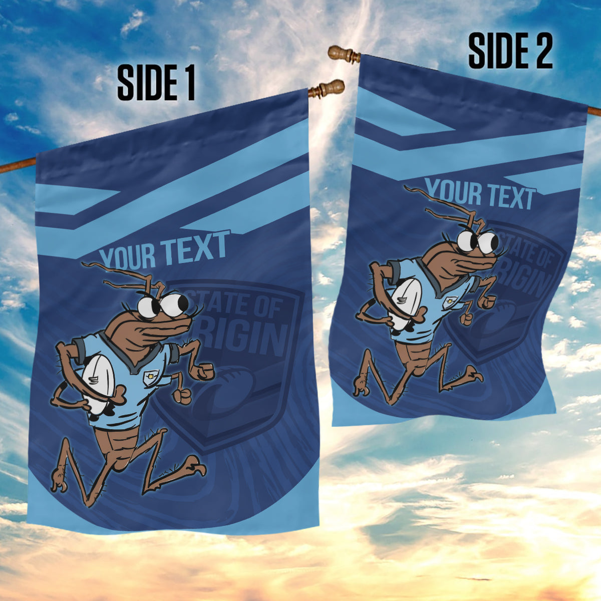 Custom New South Wales Rugby Garden Flag Blues Cockroach Origin Sporty - Vibe Hoodie Shop