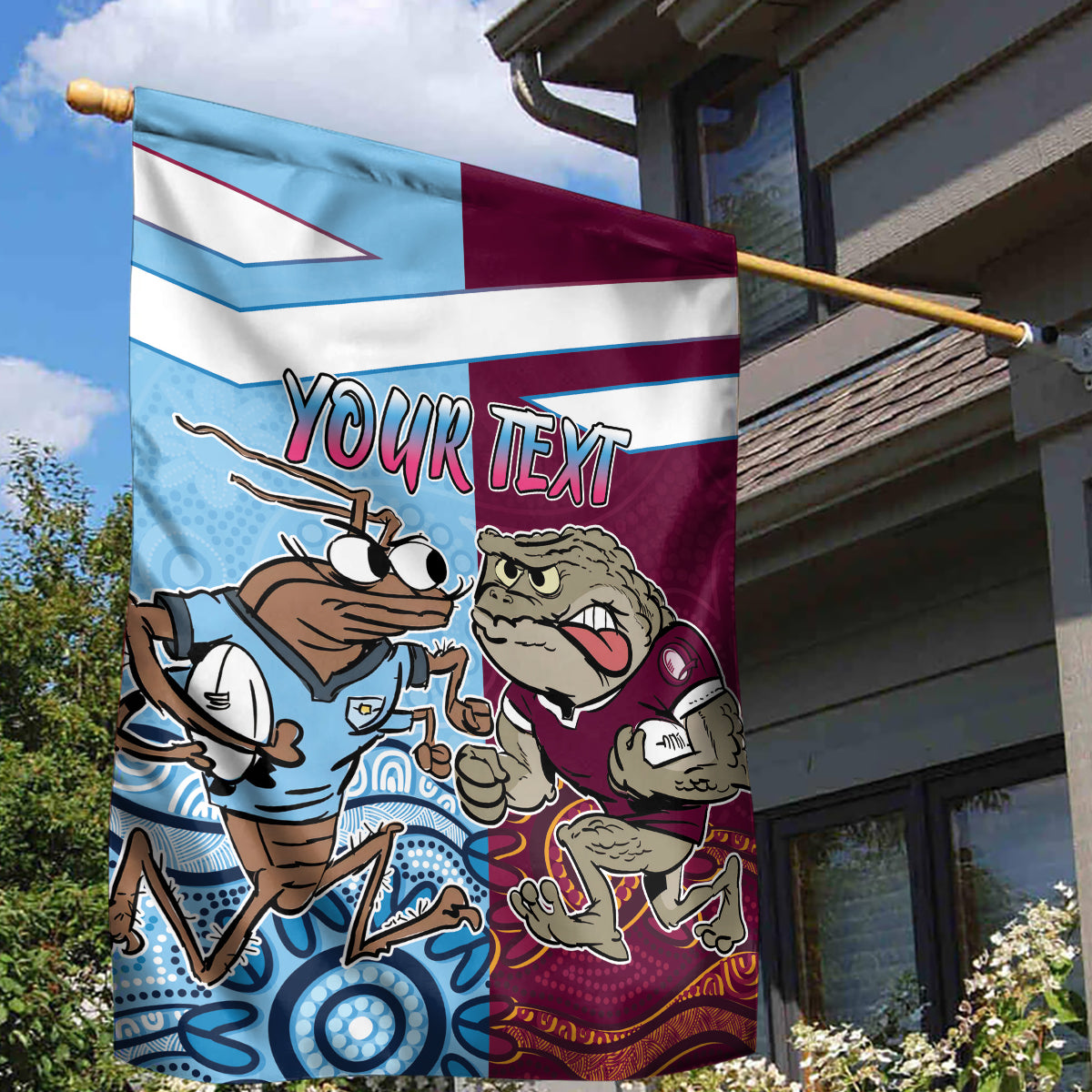 Custom QLD Cane Toad and NSW Cockroach Garden Flag Aboriginal Inspired Together - Vibe Hoodie Shop