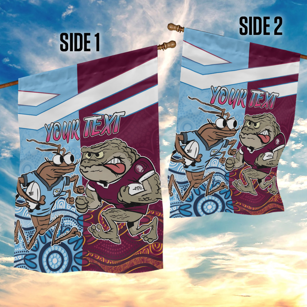 Custom QLD Cane Toad and NSW Cockroach Garden Flag Aboriginal Inspired Together - Vibe Hoodie Shop