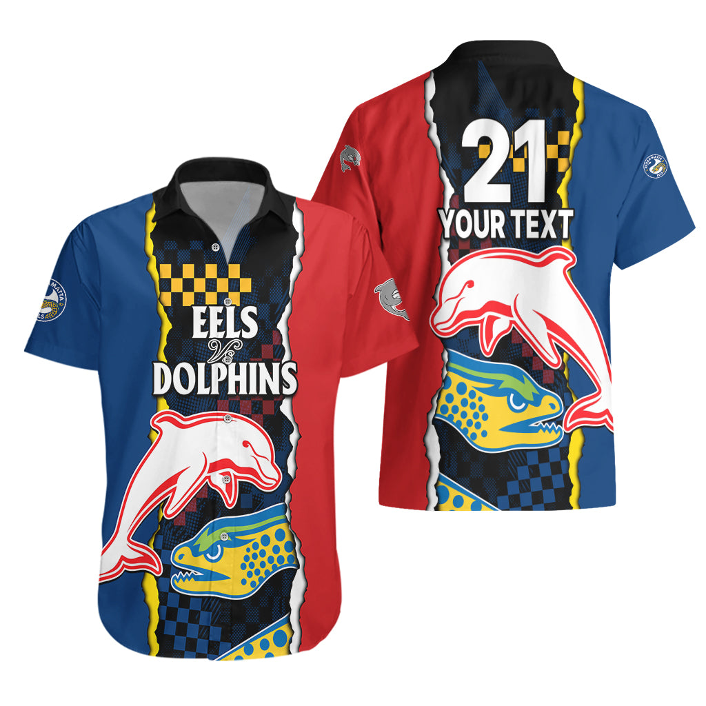 (Custom Text And Number) NRL Combine Dolphins and Parra Eels Hawaiian Shirt Simple Style - Vibe Hoodie Shop