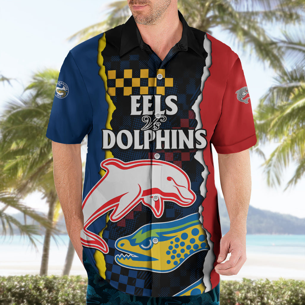 (Custom Text And Number) NRL Combine Dolphins and Parra Eels Hawaiian Shirt Simple Style - Vibe Hoodie Shop