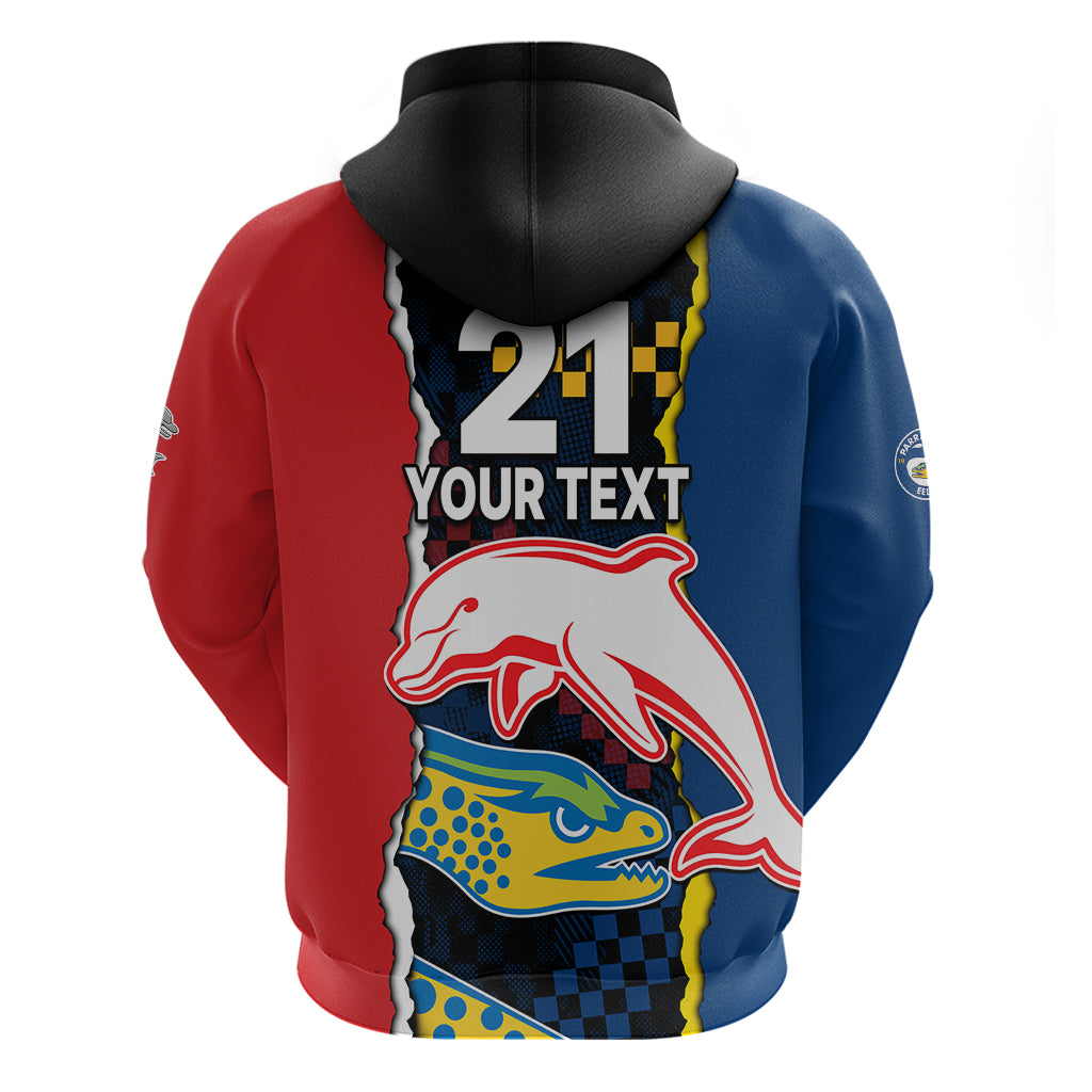 (Custom Text And Number) NRL Combine Dolphins and Parra Eels Hoodie Simple Style LT9 - Vibe Hoodie Shop