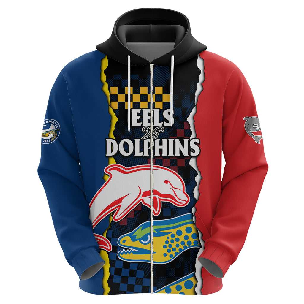 (Custom Text And Number) NRL Combine Dolphins and Parra Eels Hoodie Simple Style LT9 - Vibe Hoodie Shop
