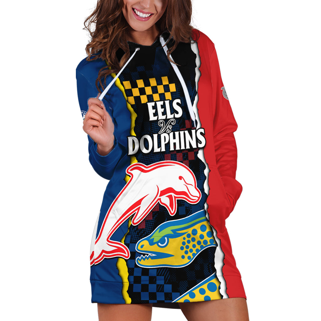 (Custom Text And Number) NRL Combine Dolphins and Parra Eels Hoodie Dress Simple Style - Vibe Hoodie Shop