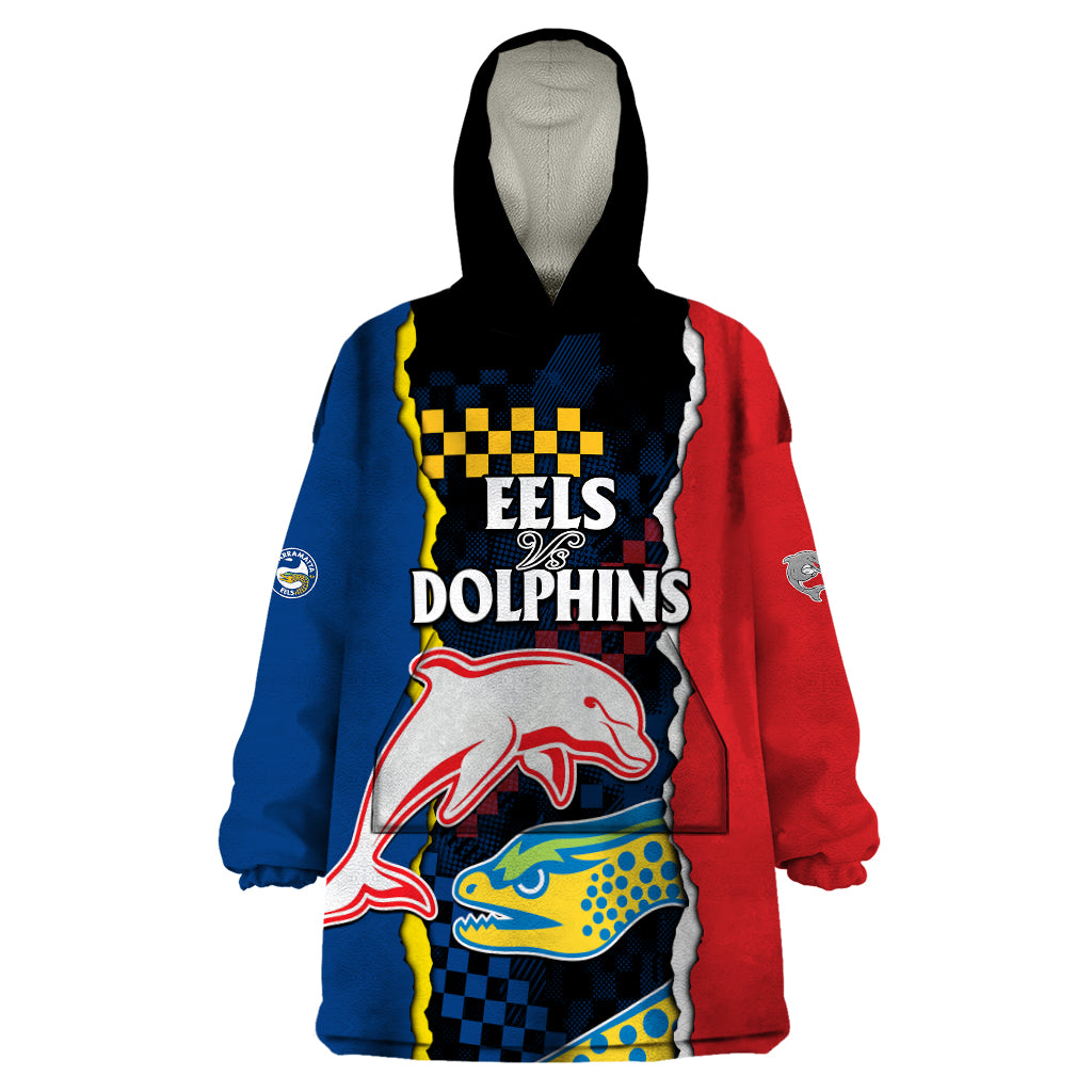 (Custom Text And Number) NRL Combine Dolphins and Parra Eels Wearable Blanket Hoodie Simple Style - Vibe Hoodie Shop