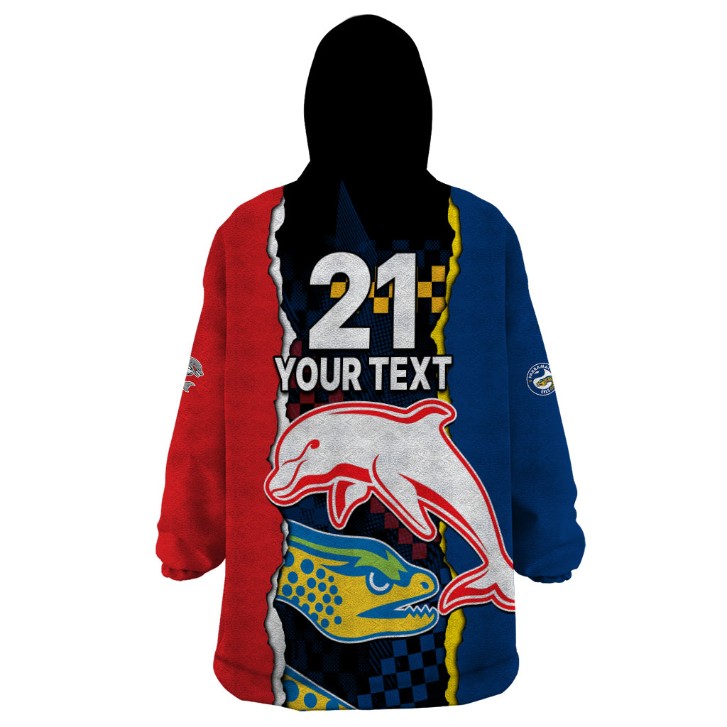 (Custom Text And Number) NRL Combine Dolphins and Parra Eels Wearable Blanket Hoodie Simple Style - Vibe Hoodie Shop