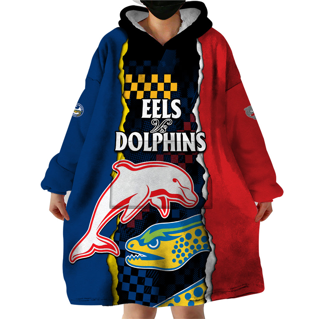 (Custom Text And Number) NRL Combine Dolphins and Parra Eels Wearable Blanket Hoodie Simple Style - Vibe Hoodie Shop