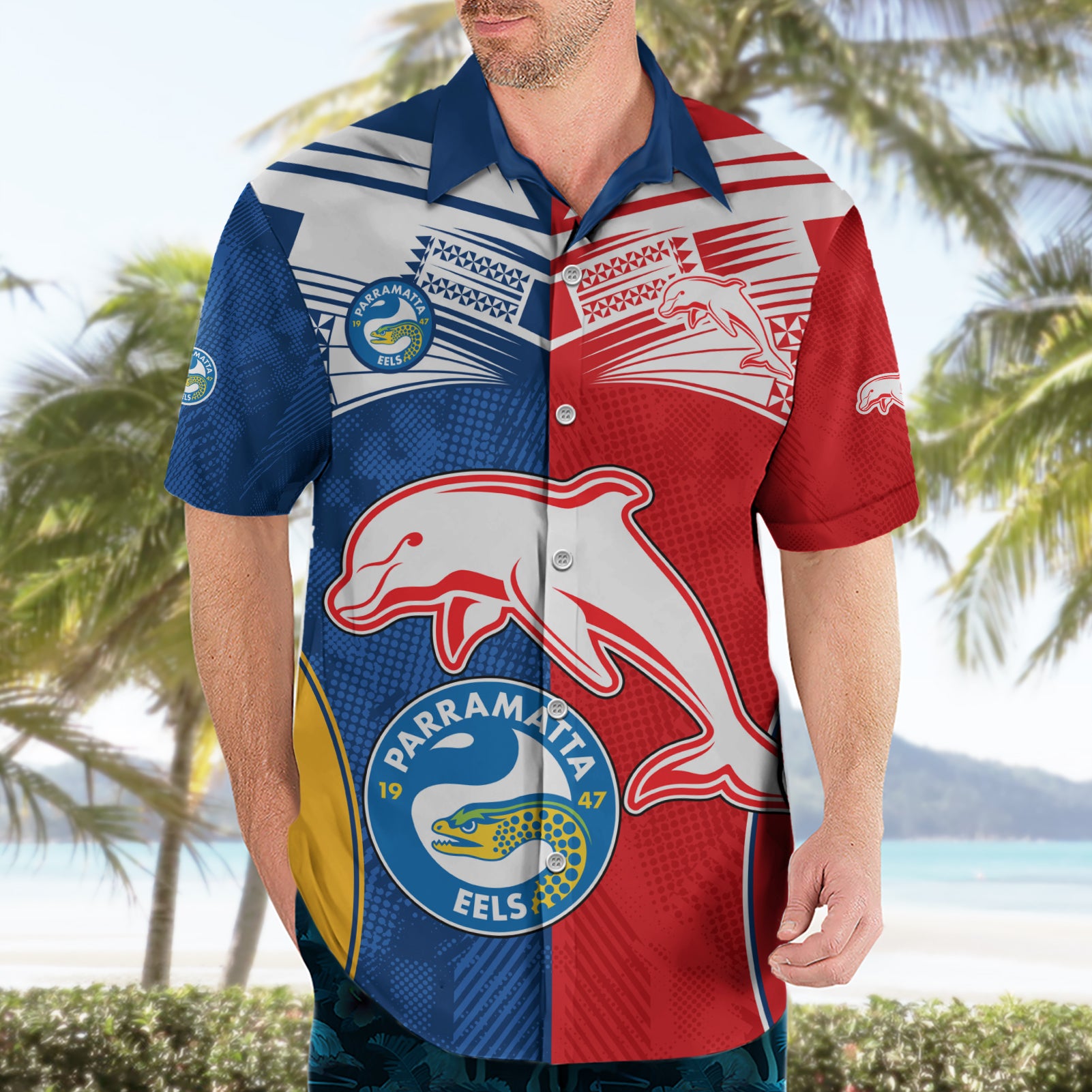 NRL Dolphins Combine Parra Eels Hawaiian Shirt Sporty Style - Vibe Hoodie Shop