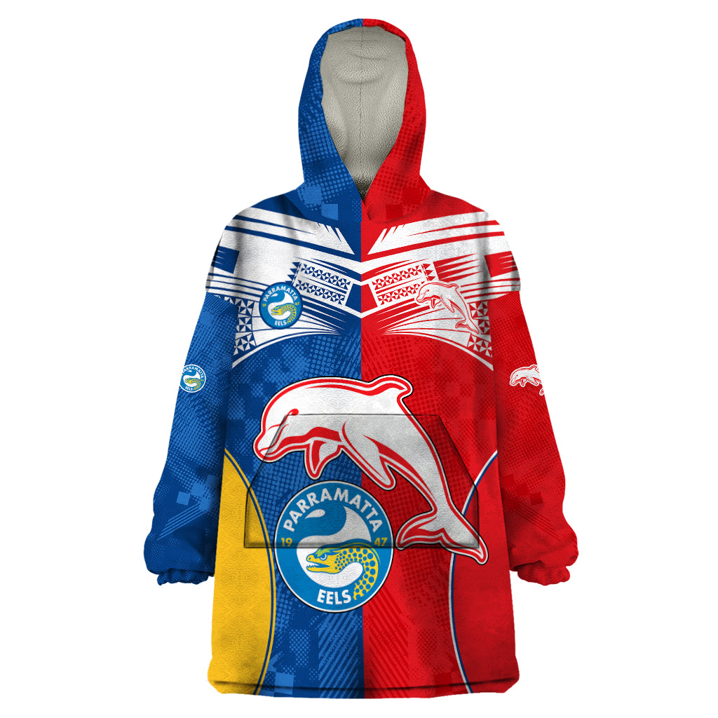 (Custom Text And Number) NRL Dolphins Combine Parra Eels Wearable Blanket Hoodie Sporty Style - Vibe Hoodie Shop