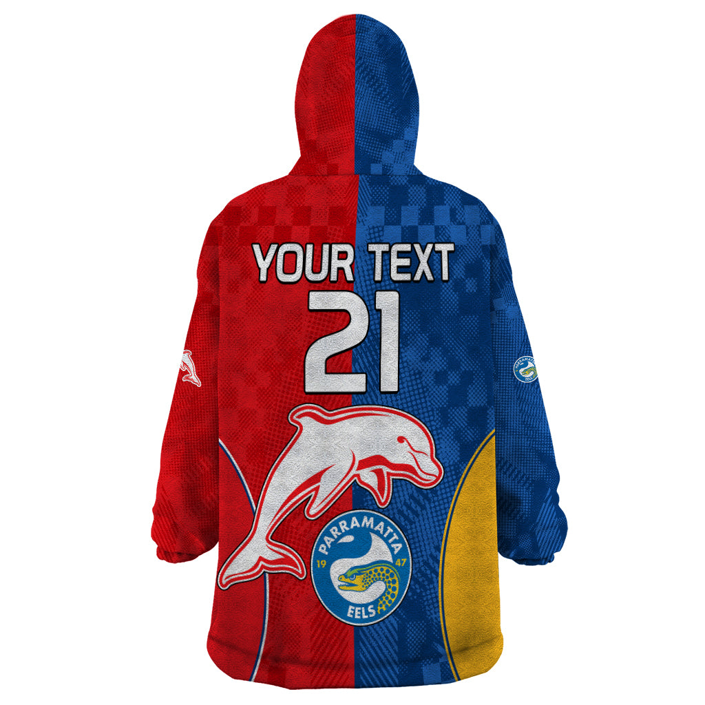 (Custom Text And Number) NRL Dolphins Combine Parra Eels Wearable Blanket Hoodie Sporty Style - Vibe Hoodie Shop