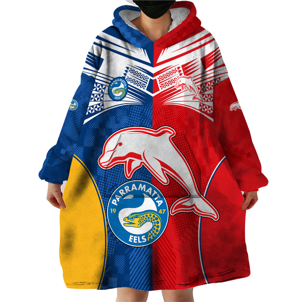 (Custom Text And Number) NRL Dolphins Combine Parra Eels Wearable Blanket Hoodie Sporty Style - Vibe Hoodie Shop