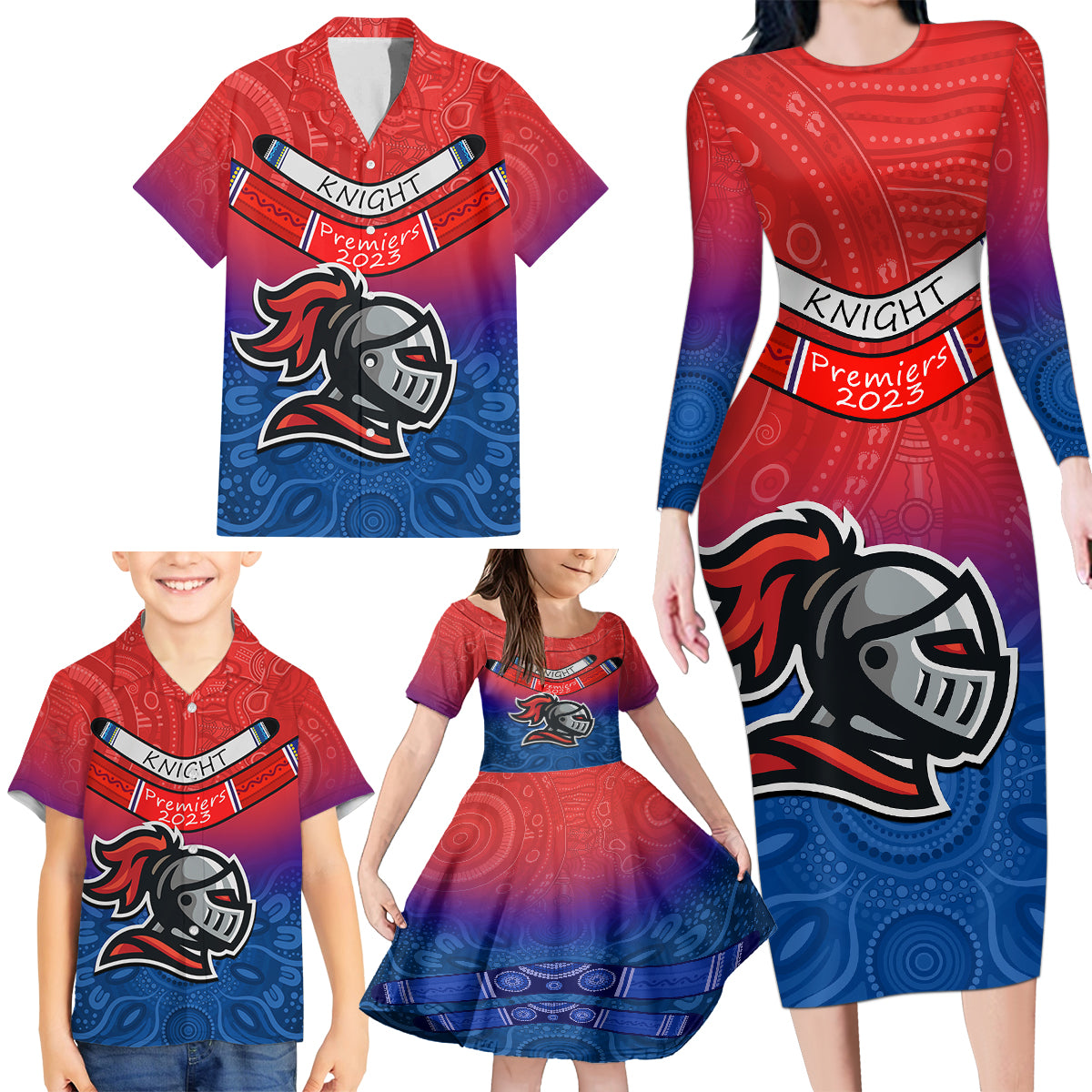 custom-knights-permier-2023-family-matching-long-sleeve-bodycon-dress-and-hawaiian-shirt-nrl-mascot-with-aboriginal