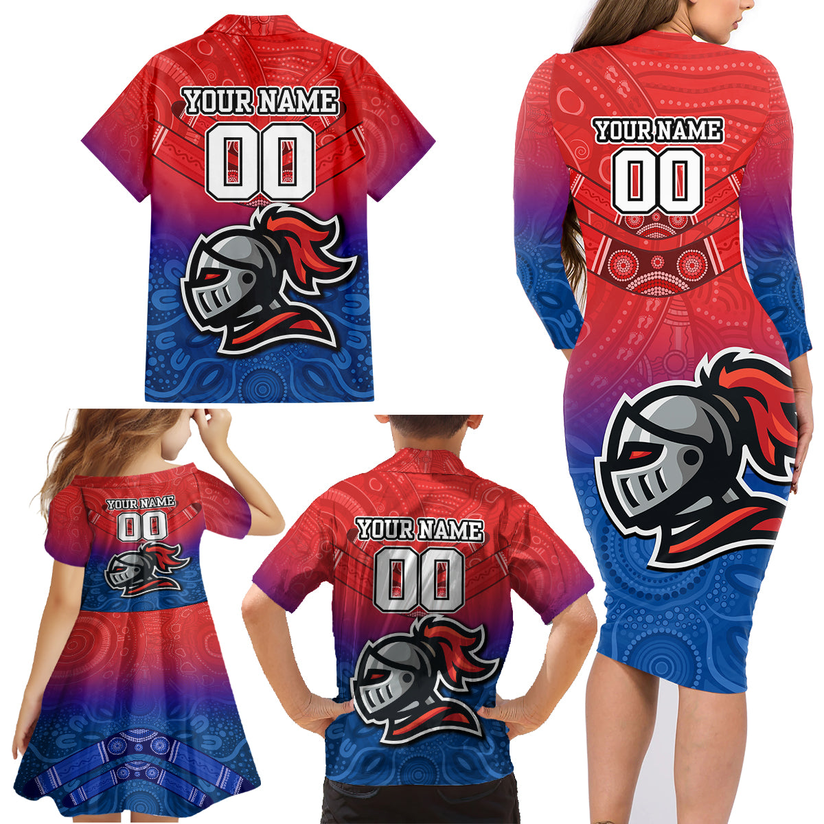 custom-knights-permier-2023-family-matching-long-sleeve-bodycon-dress-and-hawaiian-shirt-nrl-mascot-with-aboriginal