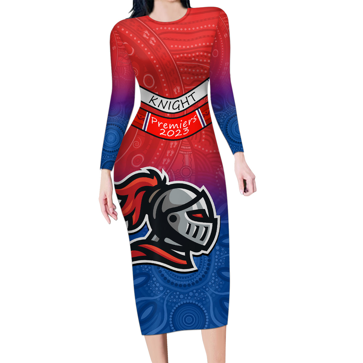 custom-knights-permier-2023-family-matching-long-sleeve-bodycon-dress-and-hawaiian-shirt-nrl-mascot-with-aboriginal