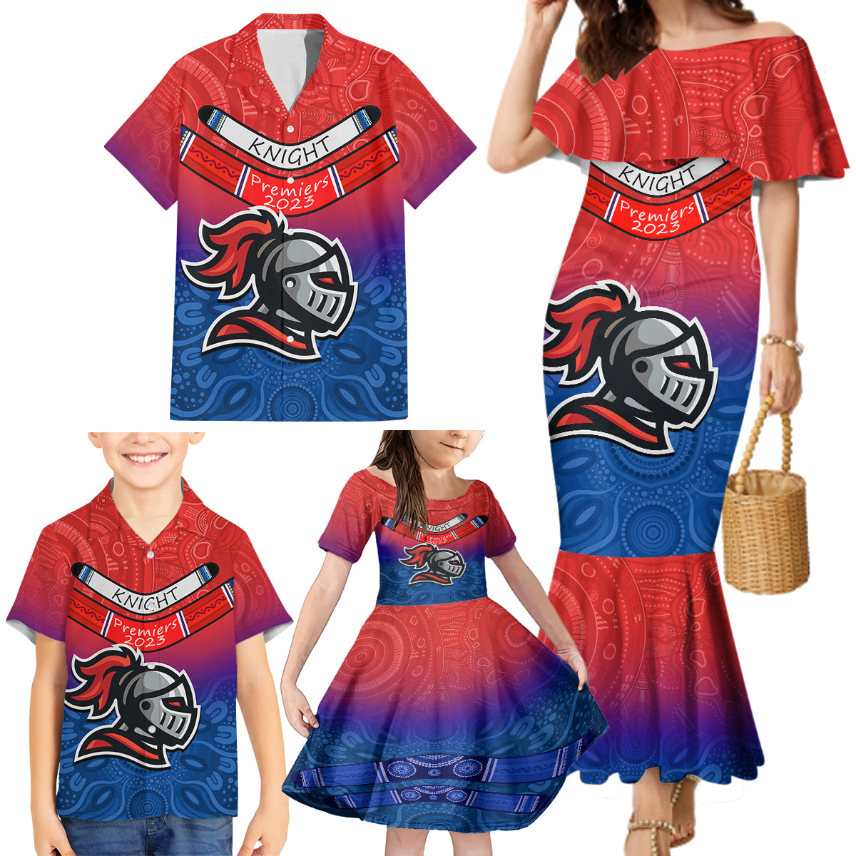 custom-knights-permier-2023-family-matching-mermaid-dress-and-hawaiian-shirt-nrl-mascot-with-aboriginal