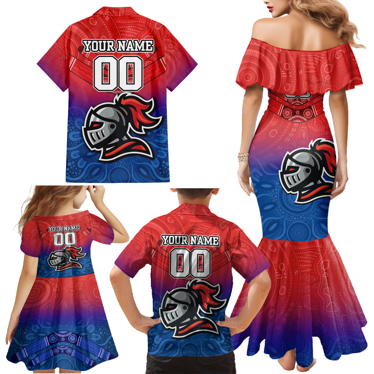 custom-knights-permier-2023-family-matching-mermaid-dress-and-hawaiian-shirt-nrl-mascot-with-aboriginal