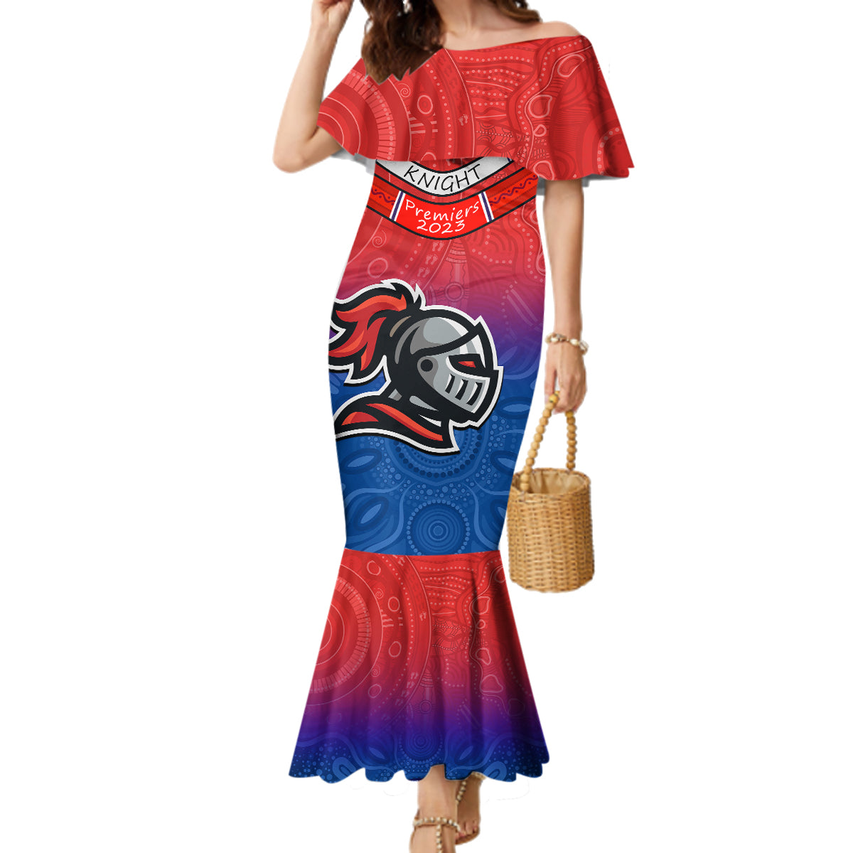 custom-knights-permier-2023-family-matching-mermaid-dress-and-hawaiian-shirt-nrl-mascot-with-aboriginal