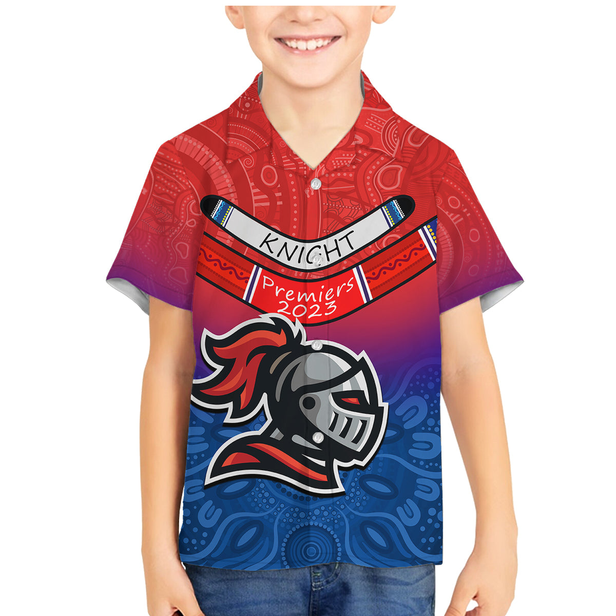 custom-knights-permier-2023-family-matching-mermaid-dress-and-hawaiian-shirt-nrl-mascot-with-aboriginal