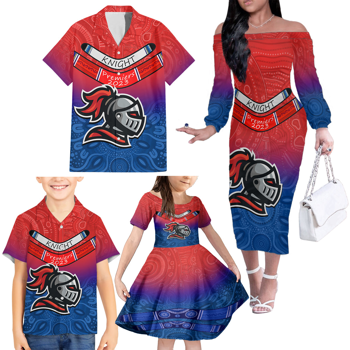 custom-knights-permier-2023-family-matching-off-shoulder-long-sleeve-dress-and-hawaiian-shirt-nrl-mascot-with-aboriginal