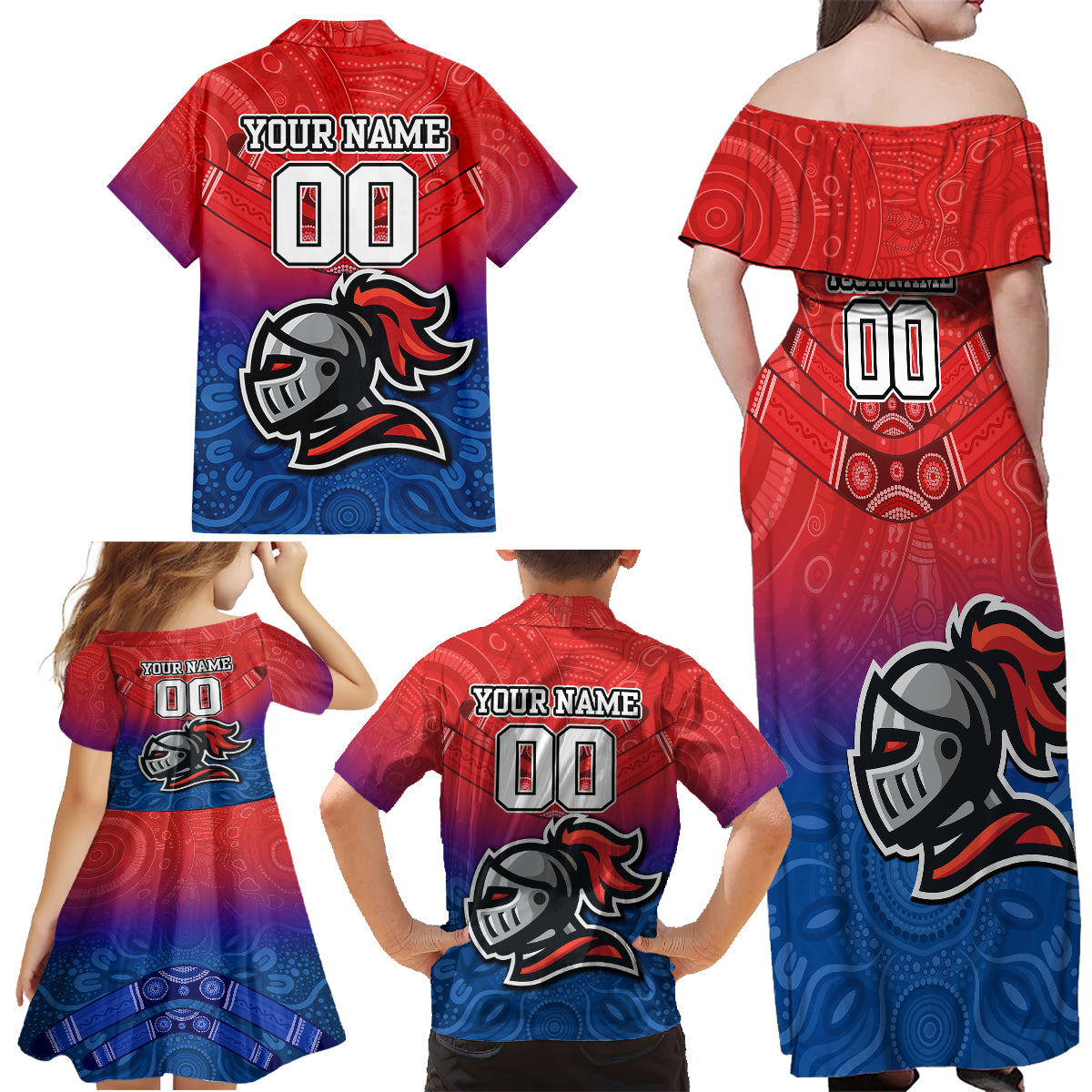 custom-knights-permier-2023-family-matching-off-shoulder-long-sleeve-dress-and-hawaiian-shirt-nrl-mascot-with-aboriginal