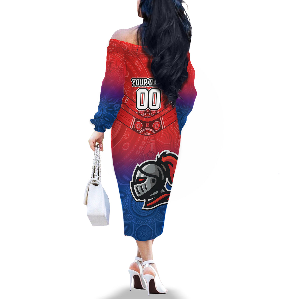 custom-knights-permier-2023-family-matching-off-shoulder-long-sleeve-dress-and-hawaiian-shirt-nrl-mascot-with-aboriginal