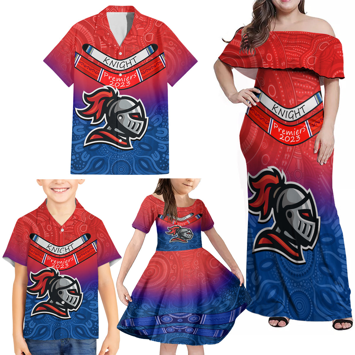 custom-knights-permier-2023-family-matching-off-shoulder-maxi-dress-and-hawaiian-shirt-nrl-mascot-with-aboriginal