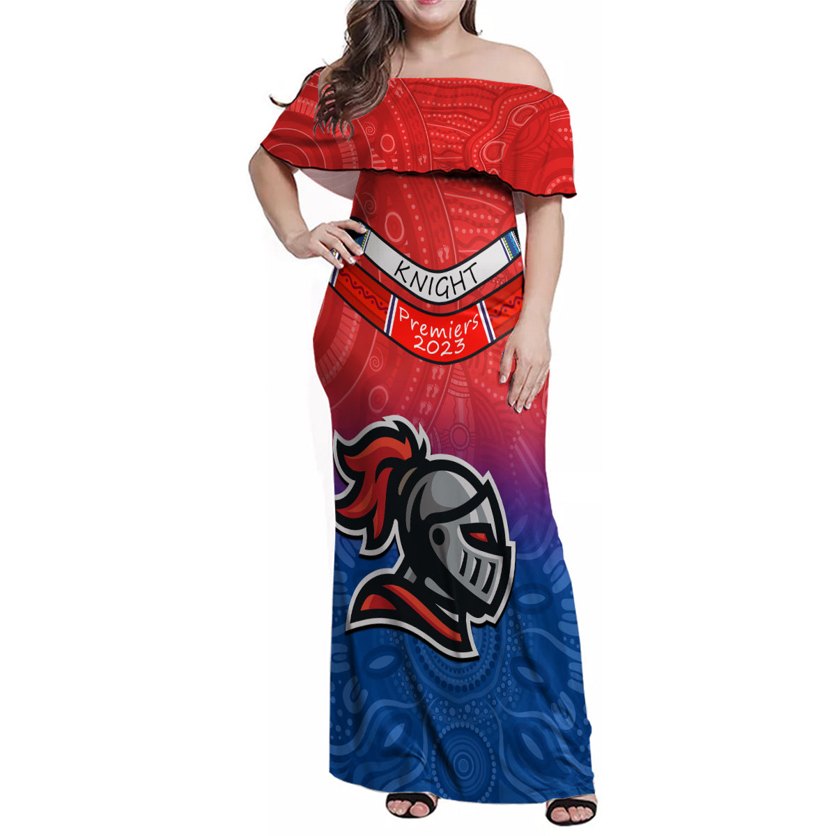 custom-knights-permier-2023-family-matching-off-shoulder-maxi-dress-and-hawaiian-shirt-nrl-mascot-with-aboriginal