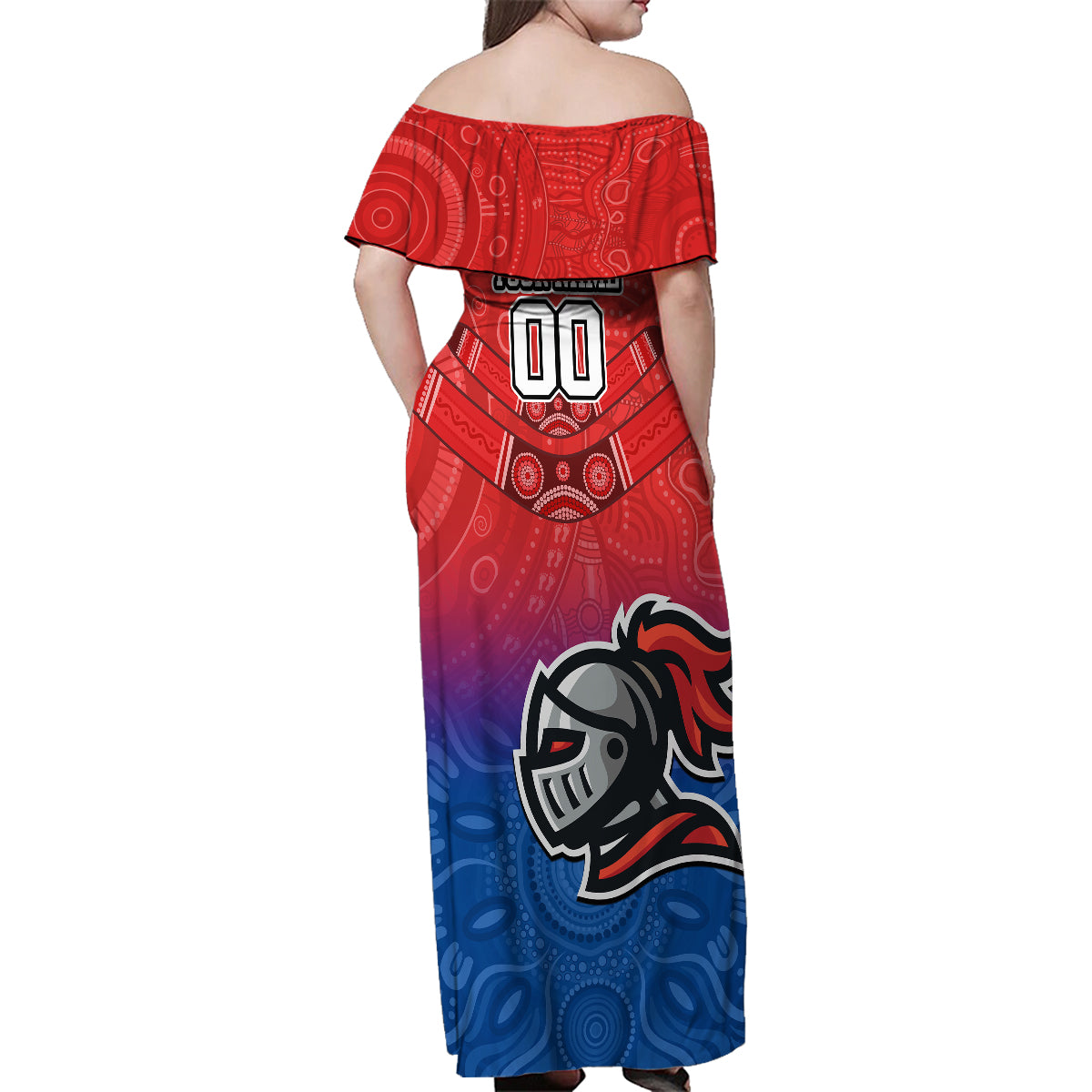 custom-knights-permier-2023-family-matching-off-shoulder-maxi-dress-and-hawaiian-shirt-nrl-mascot-with-aboriginal