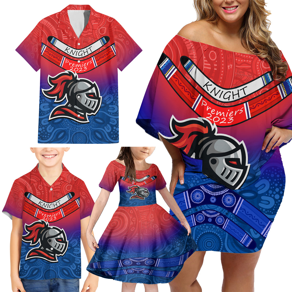 custom-knights-permier-2023-family-matching-off-shoulder-short-dress-and-hawaiian-shirt-nrl-mascot-with-aboriginal